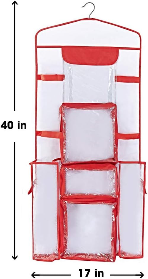 Primode Wrapping Paper Storage - Double-Sided Gift Wrap Organizer with Pockets for Accessories | 40”x17” Clear PVC Bag (Red)