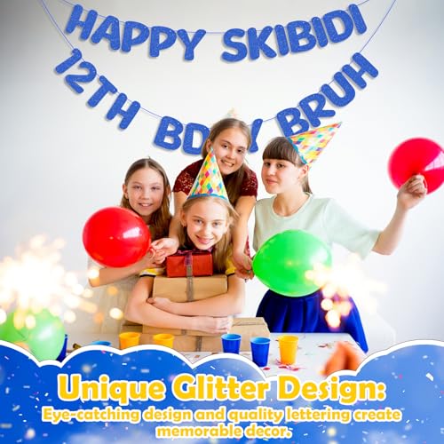 Happy Skibidi 12th Bday Bruh Glitter Banner Dark Blue Party Decoration