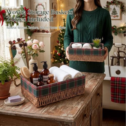 2 Pcs Christmas Toilet Paper Storage Baskets - Green Buffalo Plaid, Scottish Tartan