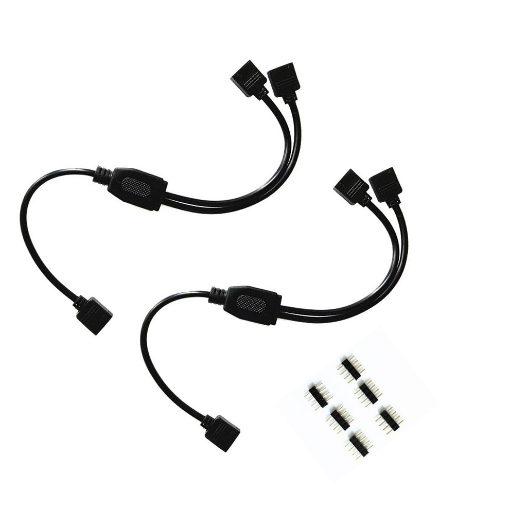 RGBZONE 2 Pack Black 4 Pins LED Splitter Cable Strip Connector 2 Way Splitter Y Splitter for 1 to 2 RGB 5050 3528 LED Light Strips with 6 x Male 4 Pin Plugs (11.8")