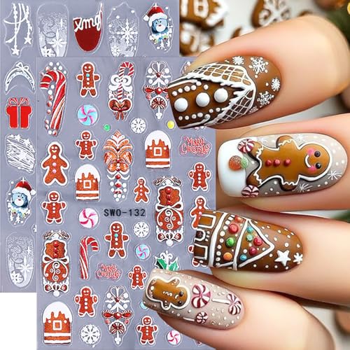 Christmas Nail Stickers 5D Embossed Winter Snowman Gingerbread Decals 2 Sheets