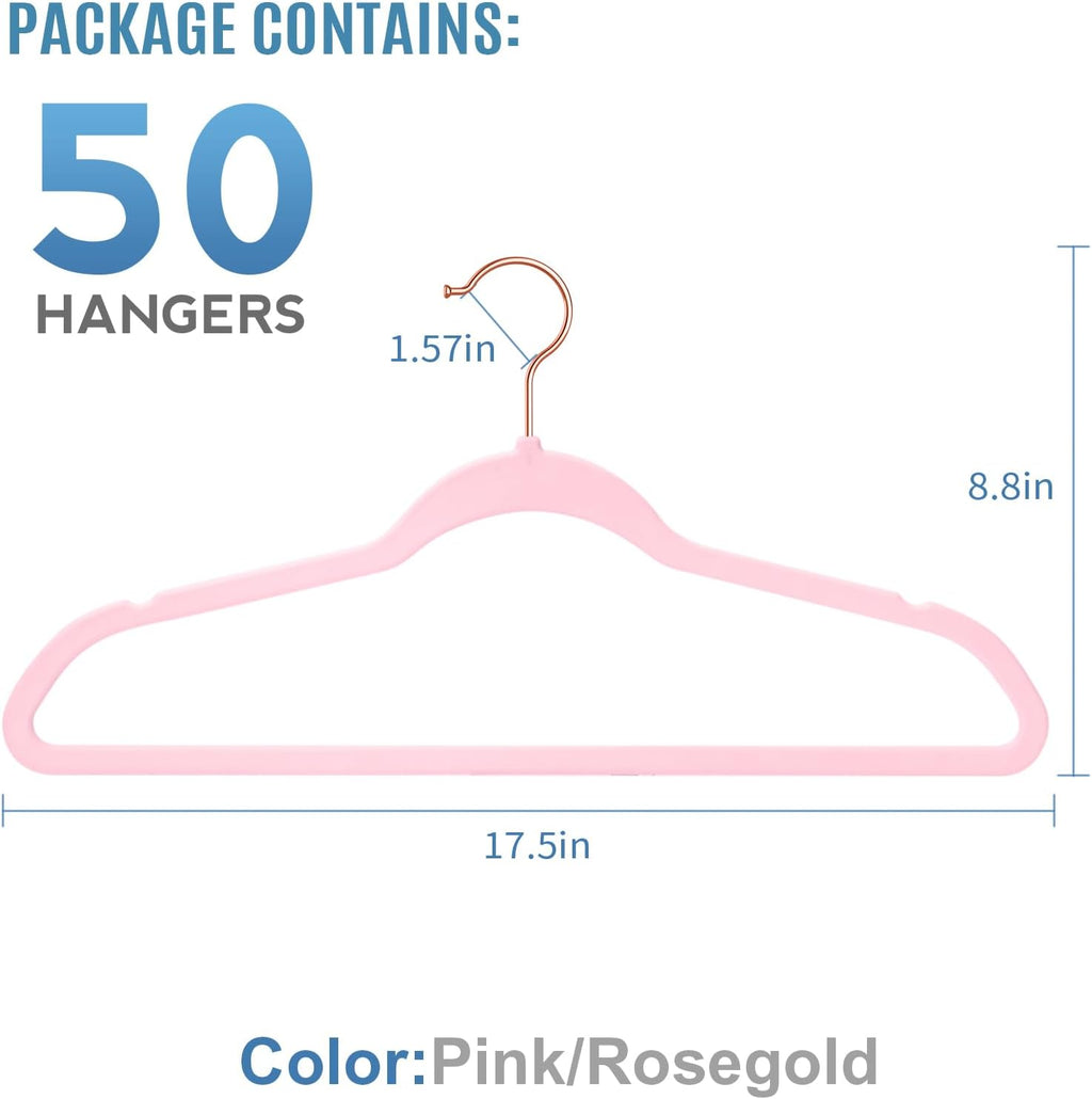 TIMMY Velvet Hangers - 50-Pack Ultra-Thin Space-Saving Suit & Coat Hangers | Heavy-Duty Pink Design