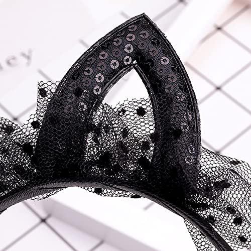 Black Lace Cat Ears Headband with Bowknot Cosplay Party Hair Hoop