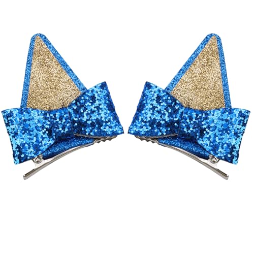 GUGUMO 2 Pcs Blue Glitter Ear Hair Clips with Bows for Cosplay and Parties
