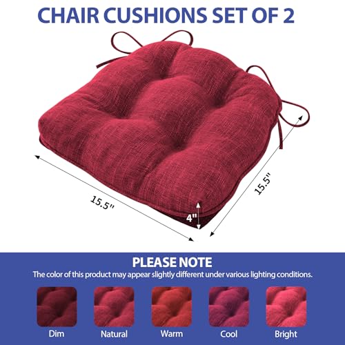 Chair Cushions Set of 2 - 15.5x15.5x4 Inches, Red, Non-Slip Memory Foam