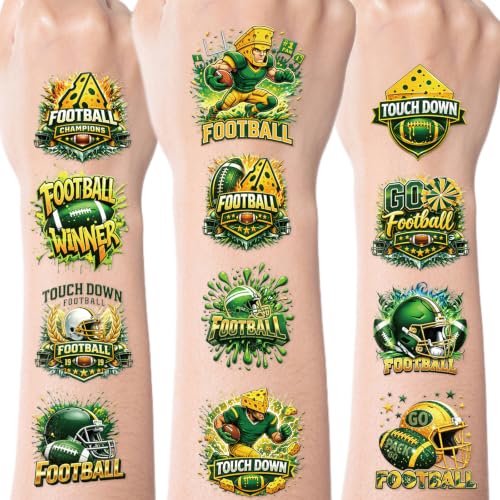 Football Temporary Tattoos 6 Sheets, Green Rugby Party Favors for Teens