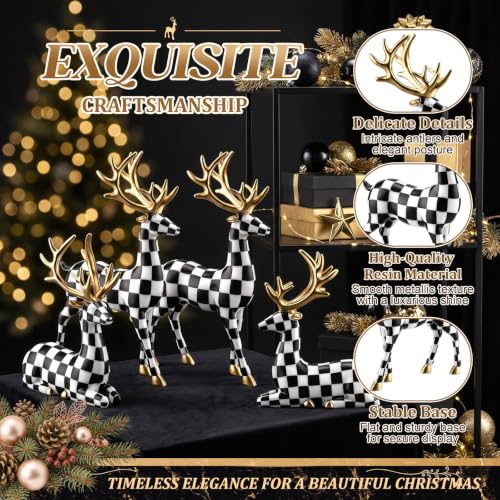 Black White Christmas Reindeer Figurines Set - Indoor Resin Deer Decor