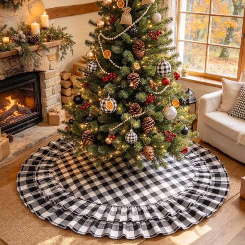 Yuboo Buffalo Plaid Christmas Tree Skirt 48 Inch Black & White Ruffled Decor