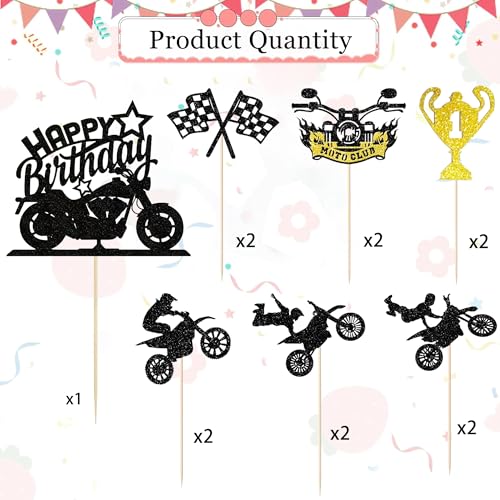 13-Piece Motorcycle Birthday Cake Toppers Set - Glitter Motocross Decorations