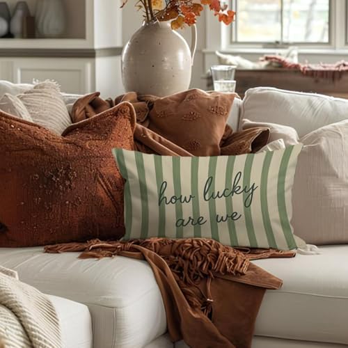 How Lucky Are We - Green Decorative Pillow Cover 12x20 | Inspirational Quote
