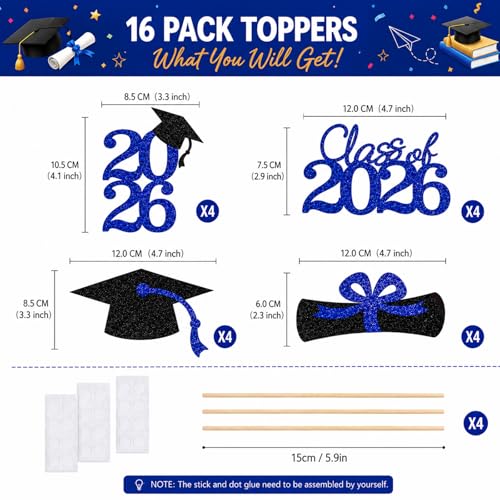 2026 Graduation Table Decorations - 16Pcs Blue Glitter Centerpieces