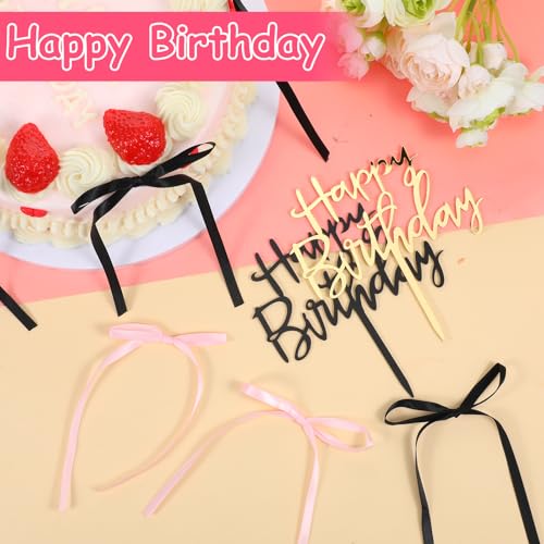 14-Piece Black and Pink Ribbon Bow Cake Toppers with Happy Birthday Sign
