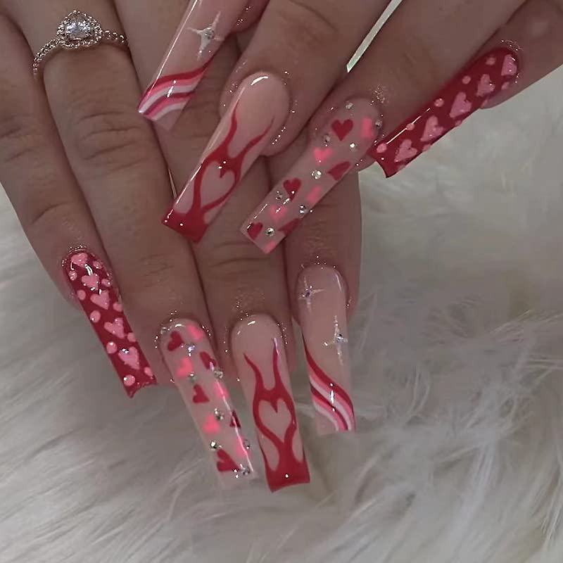 BAOYAALIN Red Long Coffin Press On Nails with Flames Heart Rhinestones 24PCS
