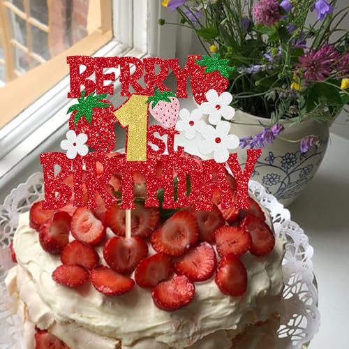 Berry 1st Birthday Cake Topper Red Glitter Strawberry Party Decor