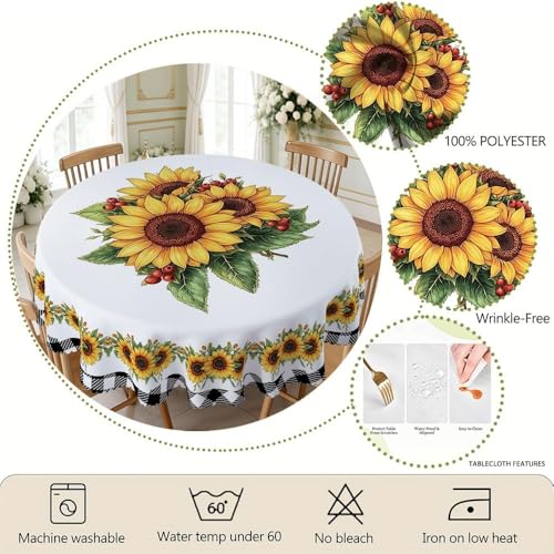 YOPINCO 60-Inch Round Sunflower Tablecloth, Waterproof Floral Table Cover