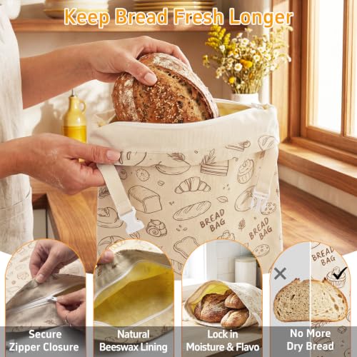 Noctivela Beeswax Bread Bags - Reusable Sourdough & Baguette Storage, 2 Pack, 13x17 Inches