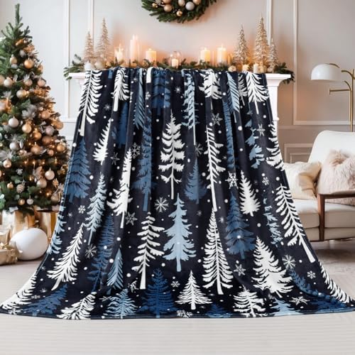 Dark Blue Christmas Throw Blanket Snowflake Tree Fleece 50x60 Inches - Cozy Holiday Gift