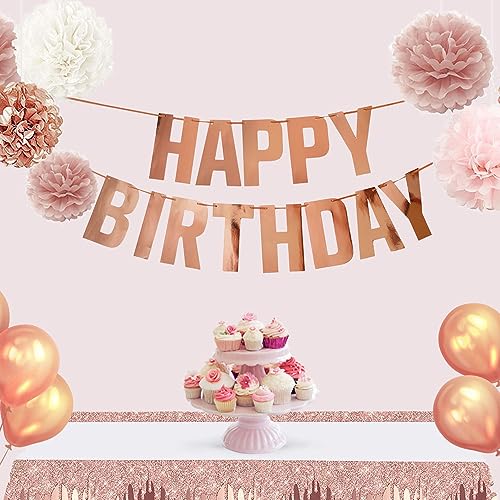 Rose Gold Happy Birthday Banner, Pre-Strung Metallic Party Garland