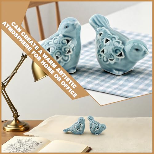 Set of 2 Ceramic Bird Figurines - Handcrafted Blue Bird Statues for Home Decor