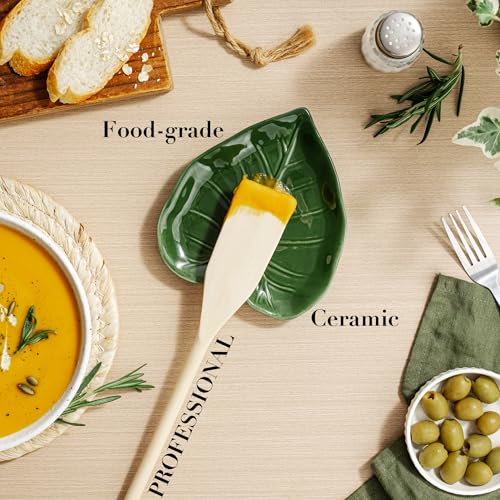 Leaf-Shaped Ceramic Spoon Rest for Kitchen Counter - 5.8"