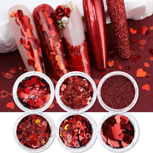 Valentine Heart Nail Art Glitter Sequins 6-Jar Set for DIY Manicures