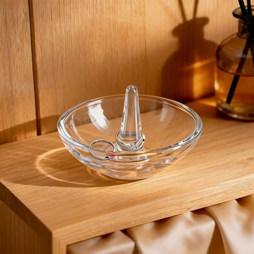 H&D 4.1in Crystal Ring Holder Dish – Round Clear Glass Jewelry Tray