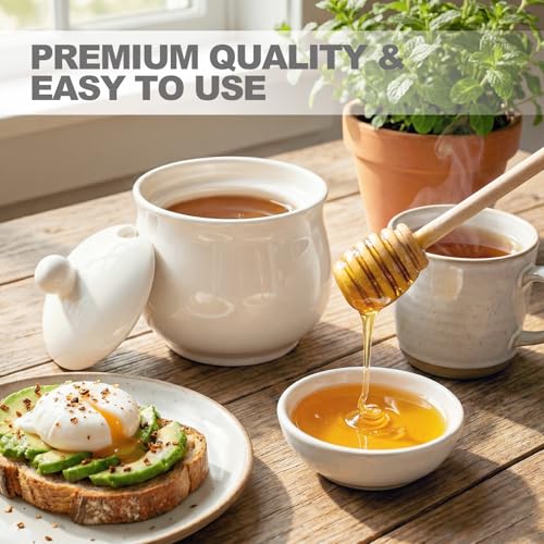 JOYLULU Ceramic Honey Jar with Wooden Dipper - 8 Oz White Honey Pot
