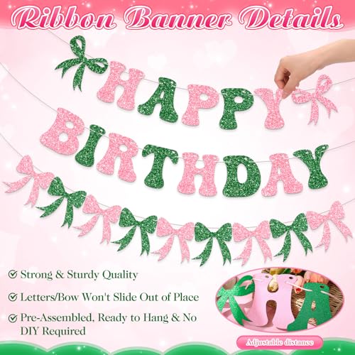 Pink and Green Bow Birthday Banner Garland - 3 Pre Strung Glitter Decorations