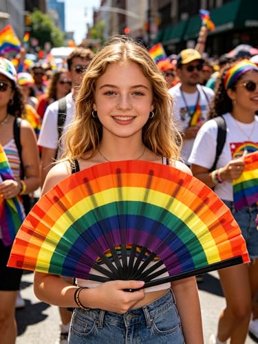 Temogole Large Rainbow Hand Fan - Folding Pride Festival Fan