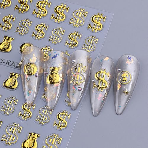 5D Gold Nail Stickers Embossed Dollar Design Self-Adhesive Decals