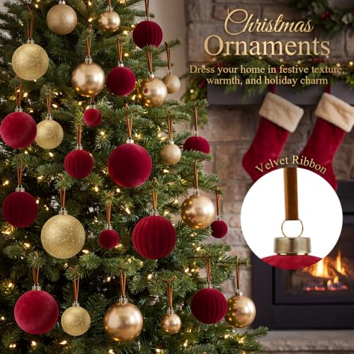 Velvet Christmas Tree Ornaments Set Burgundy Gold 36 Pcs - Red & Gold Variation