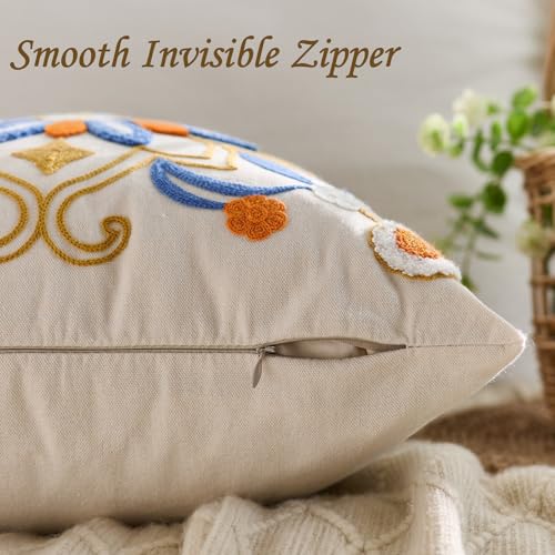 Embroidered Floral Throw Pillow Cover 22x22 - Orange & Blue