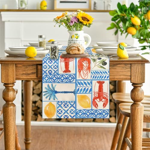 Cyan-Blue Linen Table Runner 13 x 72 Inch Crawfish Pattern