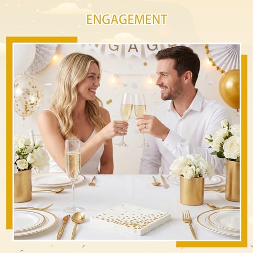 Elegant 80 Pack 3-Ply Gold Cocktail Napkins - 5" White with Gold Foil Dots