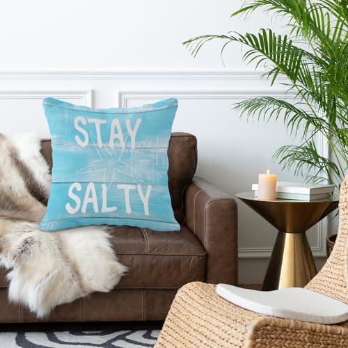 Stay Salty Coastal Throw Pillow Cover - 18x18 Inch Nautical Blue Flannel