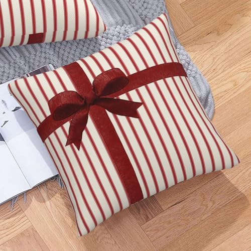 Red Bow Throw Pillow Covers 18x18 Inch Set of 2 - Holiday Ribbon Design, Xmas Decorative Cushion Cases
