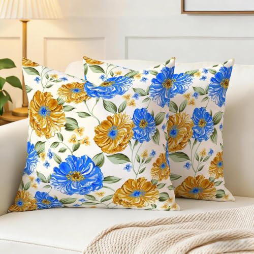 Weiscode 18x18 Floral Throw Pillow Covers - Blue & Yellow Farmhouse Set of 2