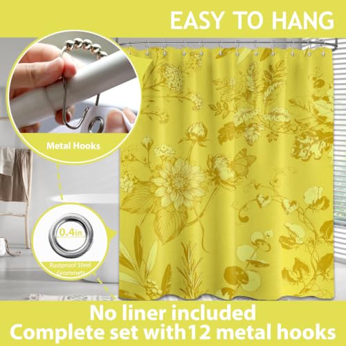 Mustard Yellow Vintage Botanical Shower Curtain - 72x72 in, Waterproof Polyester with Floral Design
