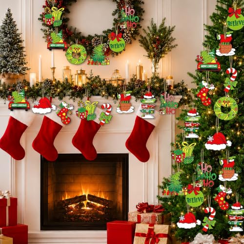 Christmas Tree Decorations 36pcs Wooden Ornaments Red Green White Holiday Decor