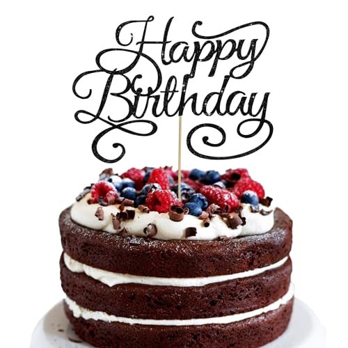 Happy Birthday Cake Topper - Black Glitter Decoration