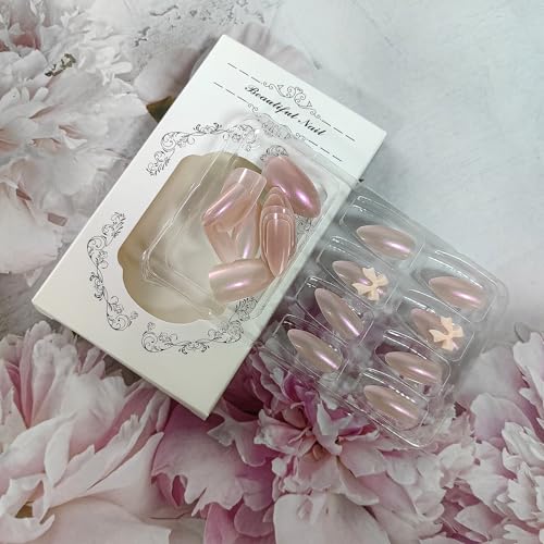 clvpai Pink Glossy Almond Press on Nails with 3D Bow Coquette Design