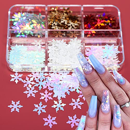 Christmas Snowflake Nail Glitter Sequins 6 Grids Holographic Winter Nail Art Decals