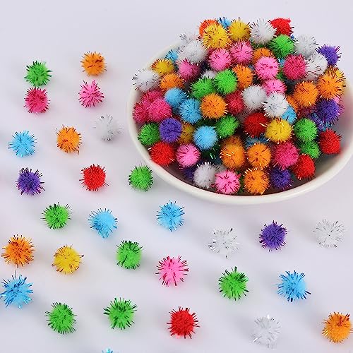 200 Glitter Tinsel Pom Poms - 10mm Sparkle Balls for Christmas Decor