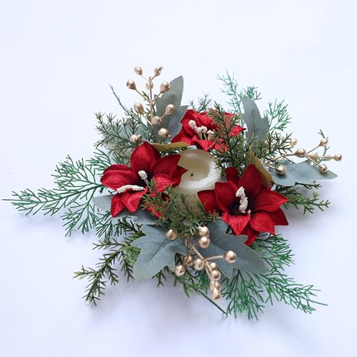 Christmas Candle Rings Xmas Wreaths Pine Needles Berry Red Flower Centerpiece - Winter Decor