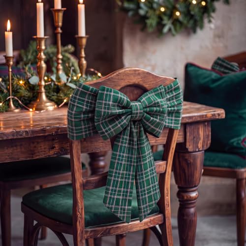 Christmas Chair Back Covers with Bow Set - Green Tartan Velvet, 6 Pieces