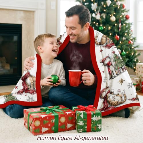 Christmas Fleece Blanket with Red Cat and Tree Pattern - Cozy Holiday Throw