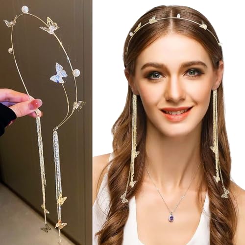 AHONEY Gold Butterfly Rhinestone Headband with Long Tassels Crystal Headpiece
