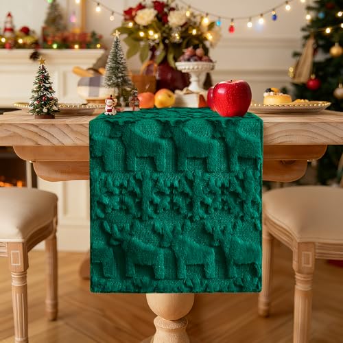 Christmas Snowflake and Elk Table Runner - Faux Fur Jacquard Holiday Decor, 13x90 Inch, Green