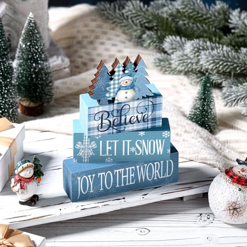 Christmas Blue Snowman Wooden Tiered Tray Decor Set - Holiday Table Centerpiece - Variation of THIS listing