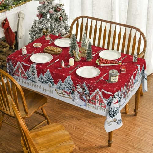 Christmas Tablecloth 60x84 Inch Snowman House & Trees Red Washable Holiday Decor